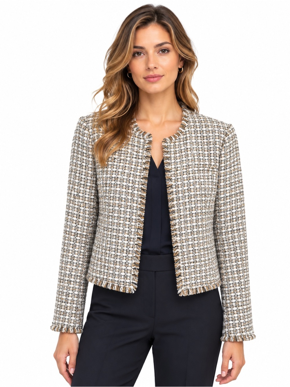 Calvin Klein Open Tweed Jacket in Beige